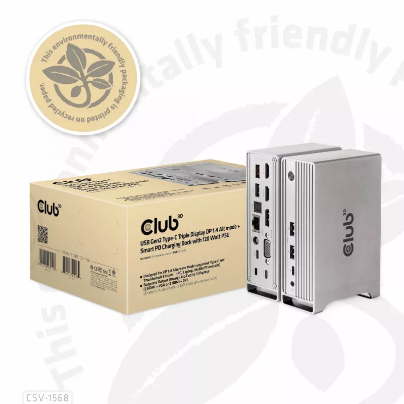 Docking station CLUB3D CSV-1568 carcasa metálica USB Gen2 Type-C USB Gen2 Type-A HDMI DP VGA RJ45 120W