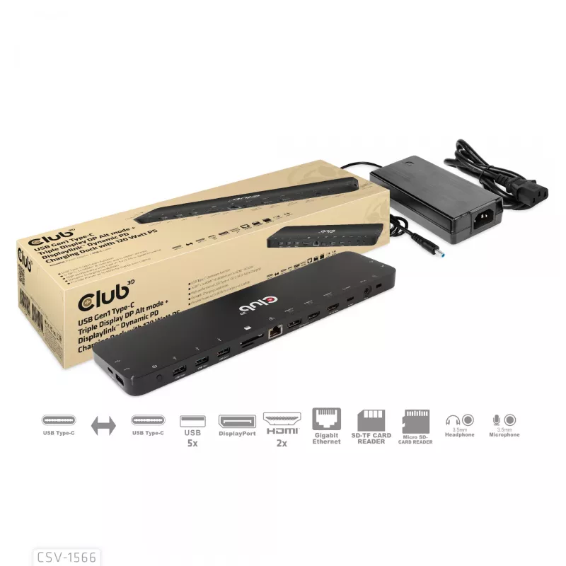 CLUB3D USB Gen1 Type-C Triple Display DP Alt Mode Displaylink Dynamic PD Charging Dock con fuente de alimentación de 120 vatios