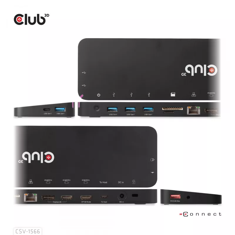CLUB3D USB Gen1 Type-C Triple Display DP Alt Mode Displaylink Dynamic PD Charging Dock con fuente de alimentación de 120 vatios