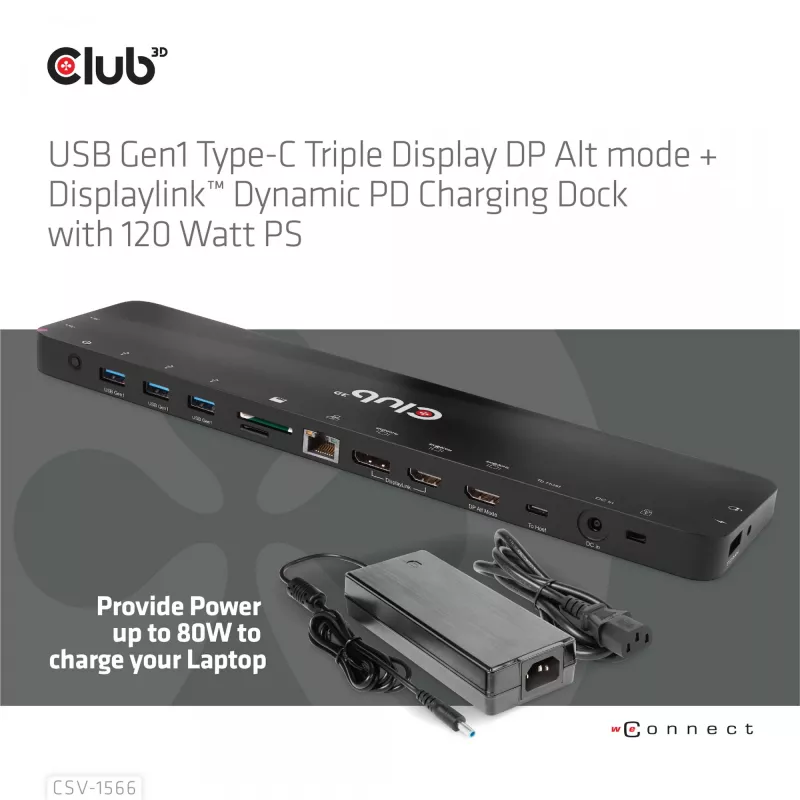 CLUB3D USB Gen1 Type-C Triple Display DP Alt Mode Displaylink Dynamic PD Charging Dock con fuente de alimentación de 120 vatios