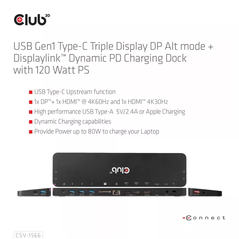 CLUB3D USB Gen1 Type-C Triple Display DP Alt Mode Displaylink Dynamic PD Charging Dock con fuente de alimentación de 120 vatios