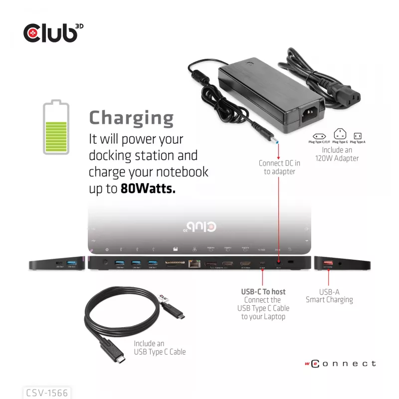 CLUB3D USB Gen1 Type-C Triple Display DP Alt Mode Displaylink Dynamic PD Charging Dock con fuente de alimentación de 120 vatios