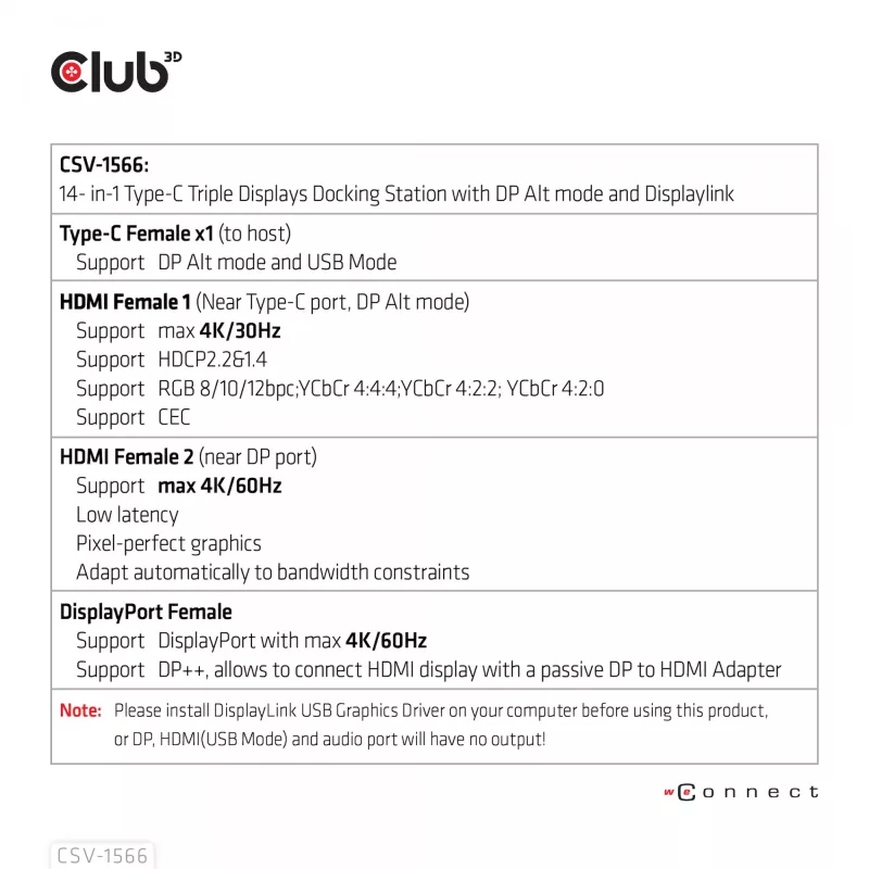 CLUB3D USB Gen1 Type-C Triple Display DP Alt Mode Displaylink Dynamic PD Charging Dock con fuente de alimentación de 120 vatios