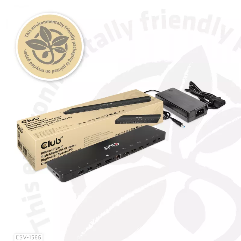 CLUB3D USB Gen1 Type-C Triple Display DP Alt Mode Displaylink Dynamic PD Charging Dock con fuente de alimentación de 120 vatios