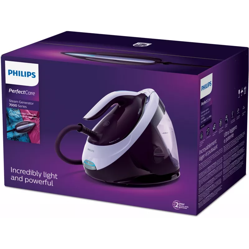 Philips PerfectCare PSG7050/30 plancha con generador de vapor, 2100 W, depósito de agua de 1,8 l, 8 bar, vapor continuo de 120 g/min, golpe de vapor de 600 g/min, morado