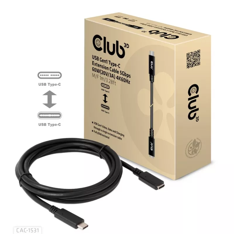 Cable alargador USB Gen1 Type-C CLUB3D CAC-1531, 1 m, USB-C conector macho a 2× USB-C conector hembra, 5 Gbps, 60 W PD, 4K@60Hz