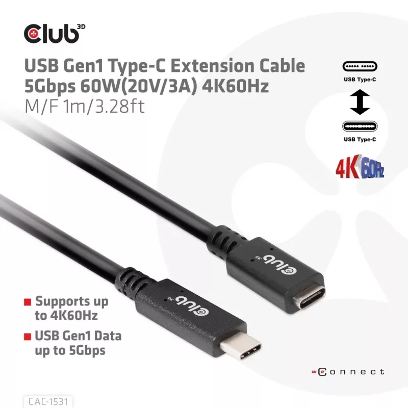 Cable alargador USB Gen1 Type-C CLUB3D CAC-1531, 1 m, USB-C conector macho a 2× USB-C conector hembra, 5 Gbps, 60 W PD, 4K@60Hz