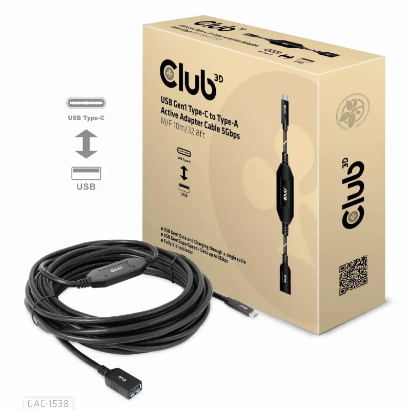 Club 3D CAC-1538 cable activo USB-C a USB-A, USB 3.2 Gen1 5 Gbps, macho/hembra, 10 m, negro