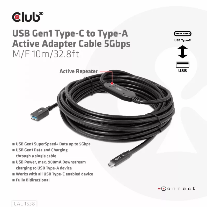 Club 3D CAC-1538 cable activo USB-C a USB-A, USB 3.2 Gen1 5 Gbps, macho/hembra, 10 m, negro