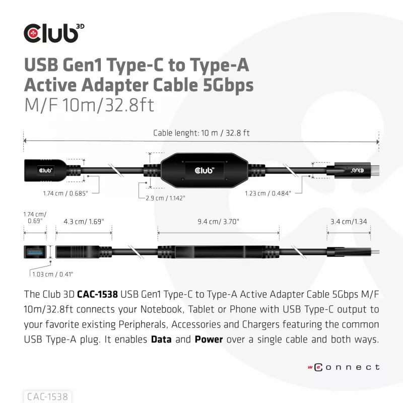 Club 3D CAC-1538 cable activo USB-C a USB-A, USB 3.2 Gen1 5 Gbps, macho/hembra, 10 m, negro