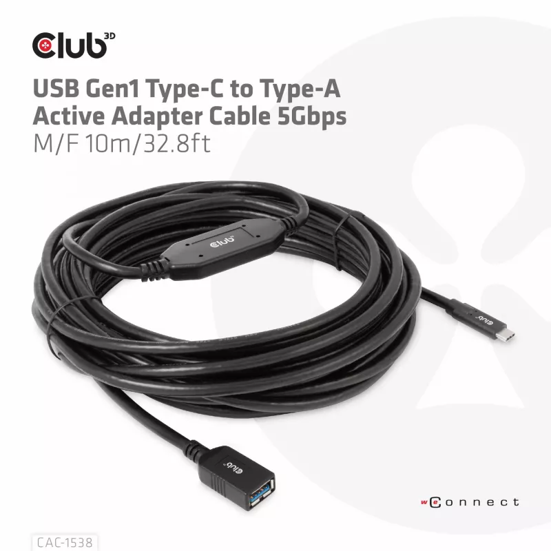 Club 3D CAC-1538 cable activo USB-C a USB-A, USB 3.2 Gen1 5 Gbps, macho/hembra, 10 m, negro