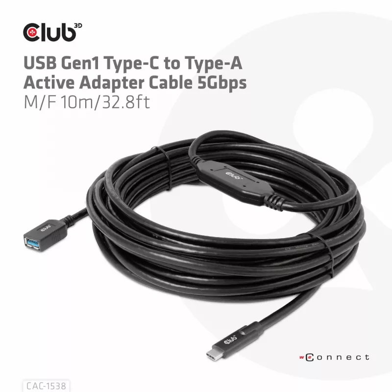 Club 3D CAC-1538 cable activo USB-C a USB-A, USB 3.2 Gen1 5 Gbps, macho/hembra, 10 m, negro
