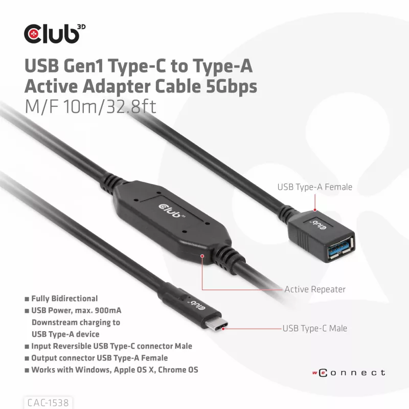Club 3D CAC-1538 cable activo USB-C a USB-A, USB 3.2 Gen1 5 Gbps, macho/hembra, 10 m, negro