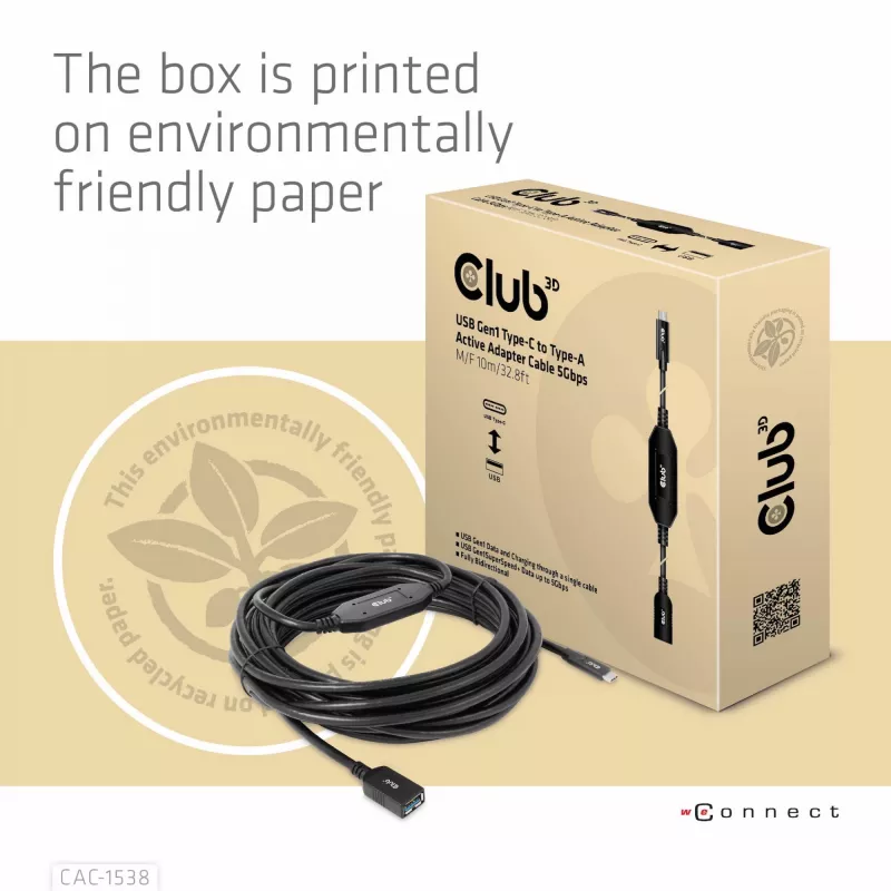Club 3D CAC-1538 cable activo USB-C a USB-A, USB 3.2 Gen1 5 Gbps, macho/hembra, 10 m, negro