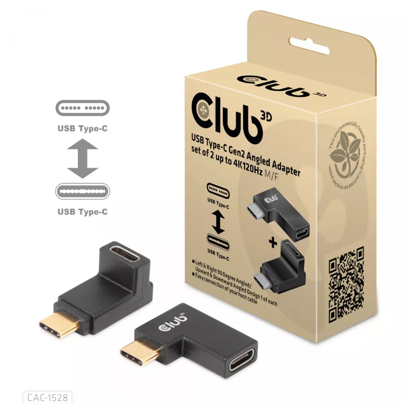 Set adaptador acodado USB Type-C Gen2, 2 uds. CLUB3D CAC-1528 — USB-C a USB-C, compatible con 4K@120Hz