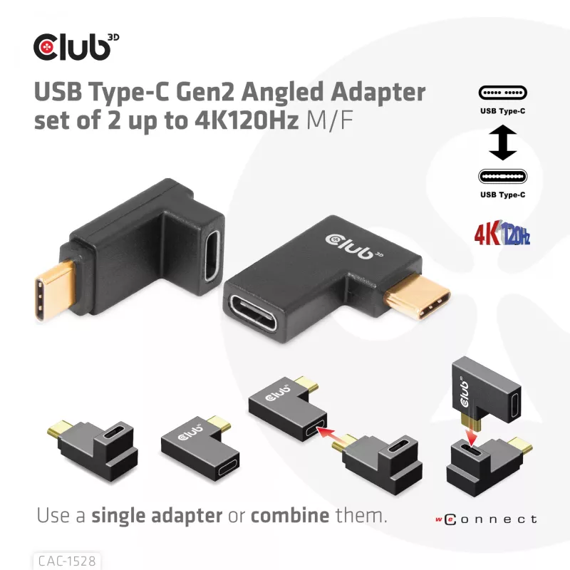 Set adaptador acodado USB Type-C Gen2, 2 uds. CLUB3D CAC-1528 — USB-C a USB-C, compatible con 4K@120Hz