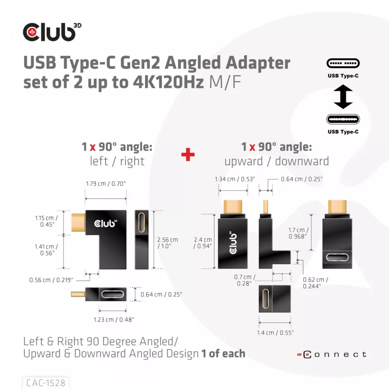 Set adaptador acodado USB Type-C Gen2, 2 uds. CLUB3D CAC-1528 — USB-C a USB-C, compatible con 4K@120Hz