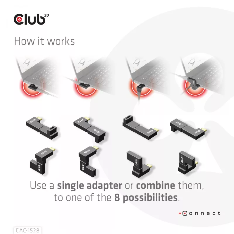 Set adaptador acodado USB Type-C Gen2, 2 uds. CLUB3D CAC-1528 — USB-C a USB-C, compatible con 4K@120Hz
