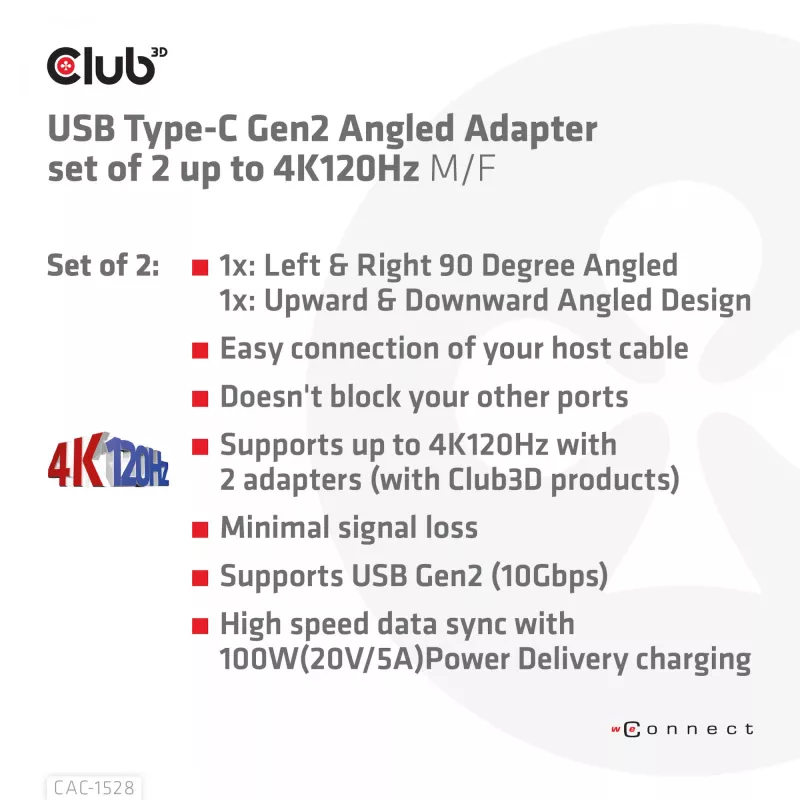 Set adaptador acodado USB Type-C Gen2, 2 uds. CLUB3D CAC-1528 — USB-C a USB-C, compatible con 4K@120Hz