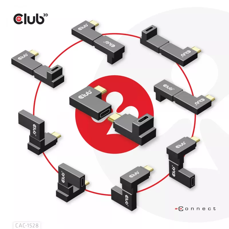 Set adaptador acodado USB Type-C Gen2, 2 uds. CLUB3D CAC-1528 — USB-C a USB-C, compatible con 4K@120Hz