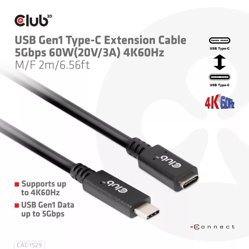 Cable alargador CLUB3D USB Gen1 Type-C 5 Gbit/s 60 W (20 V/3 A) 4K60Hz M/H 2 m/6,56 ft