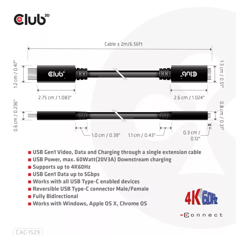 Cable alargador CLUB3D USB Gen1 Type-C 5 Gbit/s 60 W (20 V/3 A) 4K60Hz M/H 2 m/6,56 ft