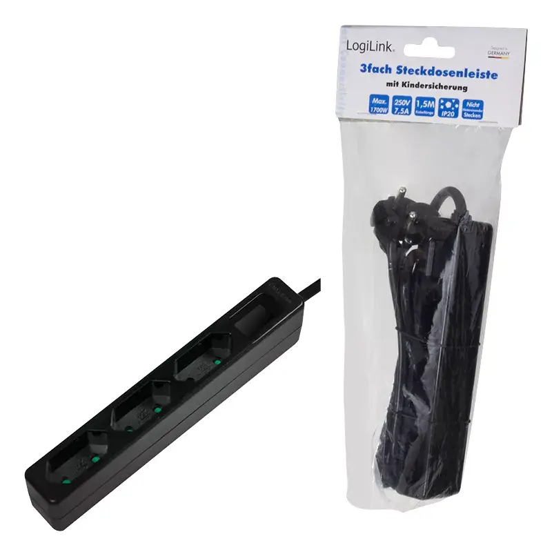 Alargador de corriente LogiLink LPS229B 1,5 m 3 tomas de CA para interiores Negro