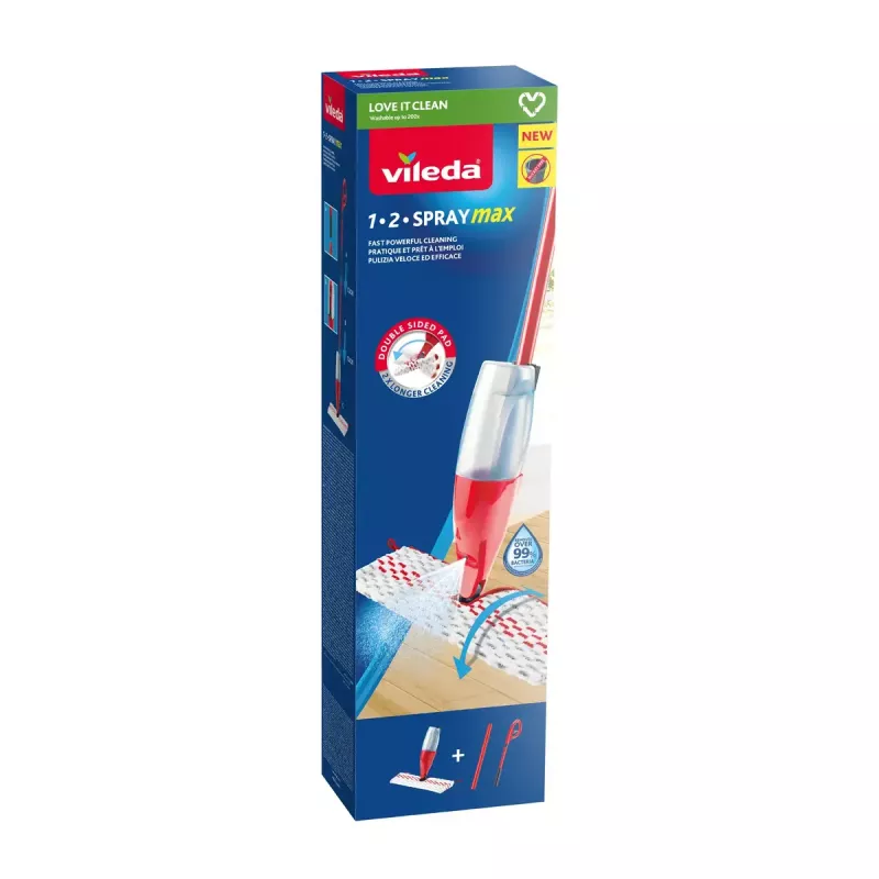 Fregona VILEDA Spray Max microfibra en seco y húmedo — cabezal de plástico, depósito de agua de 0,6 l, antibacteriana, blanco/rojo