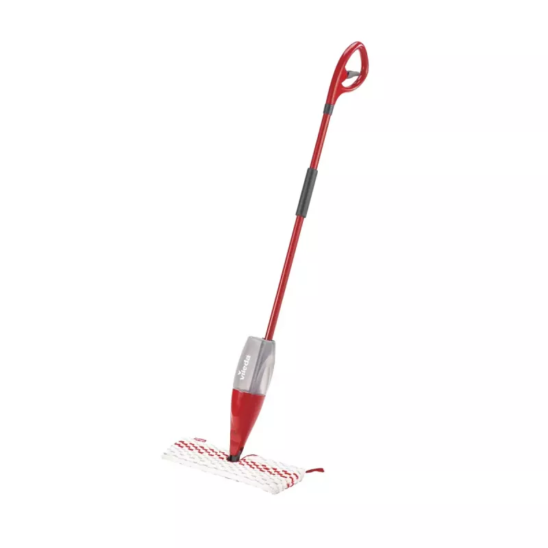 Fregona VILEDA Spray Max microfibra en seco y húmedo — cabezal de plástico, depósito de agua de 0,6 l, antibacteriana, blanco/rojo