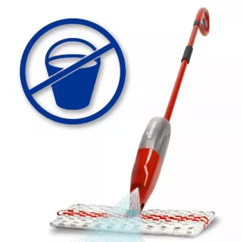 Fregona VILEDA Spray Max microfibra en seco y húmedo — cabezal de plástico, depósito de agua de 0,6 l, antibacteriana, blanco/rojo