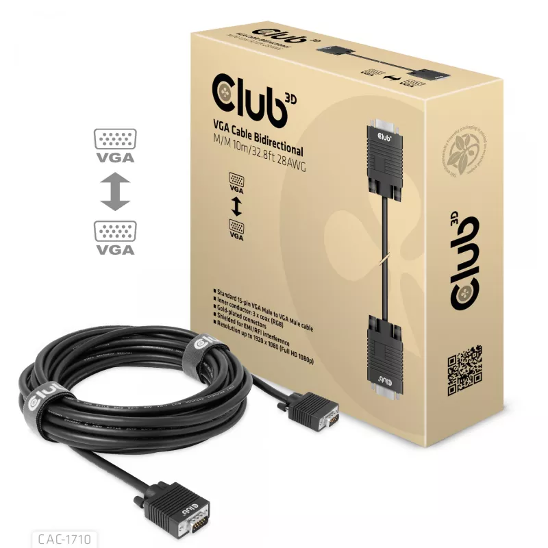 Club 3D CAC-1710 cable VGA HD-15 macho/macho, bidireccional, 10 m, 1080p, negro
