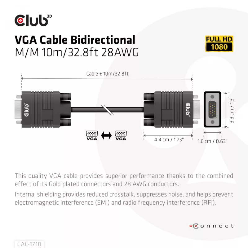 Club 3D CAC-1710 cable VGA HD-15 macho/macho, bidireccional, 10 m, 1080p, negro