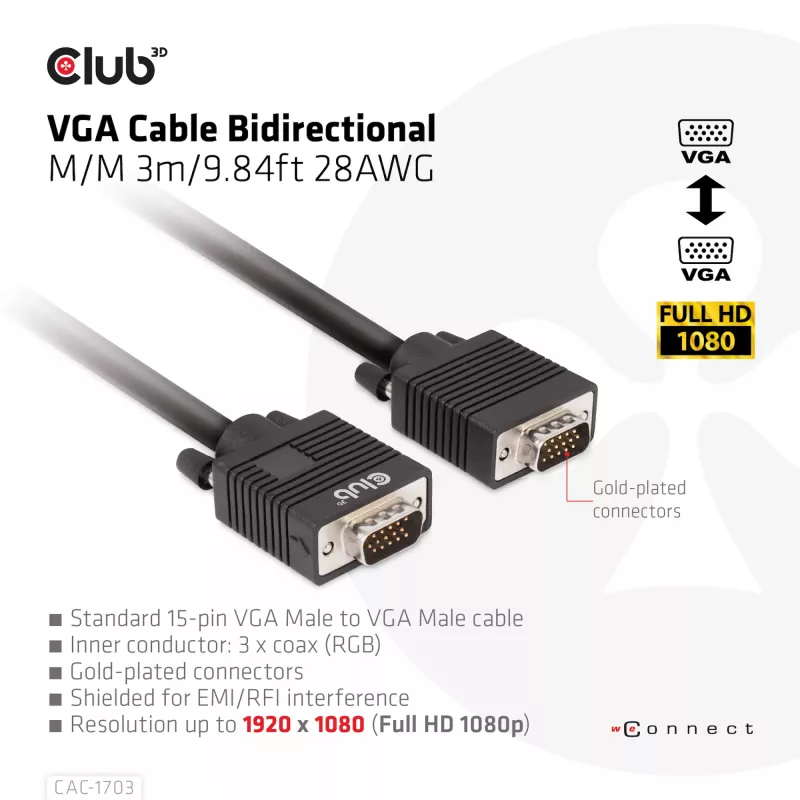 Cable VGA bidireccional M/M 3 m 28AWG CLUB3D CAC-1703