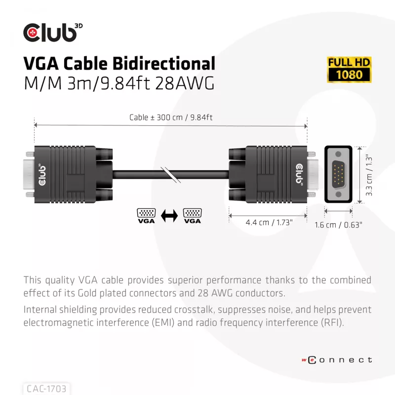 Cable VGA bidireccional M/M 3 m 28AWG CLUB3D CAC-1703