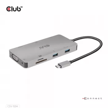 Hub USB Gen1 Type-C 9 en 1 CLUB3D con HDMI, VGA, 2x USB Gen1 Type-A, RJ45, ranuras para tarjetas SD/Micro SD y conector hembra USB Gen1 Type-C