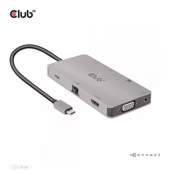 Hub USB Gen1 Type-C 9 en 1 CLUB3D con HDMI, VGA, 2x USB Gen1 Type-A, RJ45, ranuras para tarjetas SD/Micro SD y conector hembra USB Gen1 Type-C