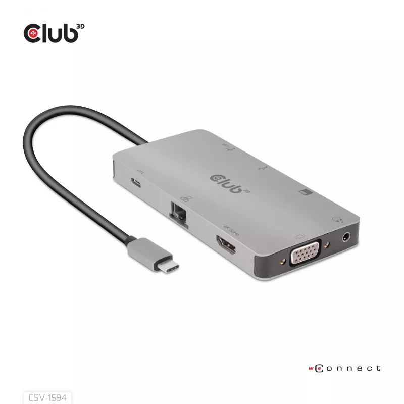 Hub USB Gen1 Type-C 9 en 1 CLUB3D con HDMI, VGA, 2x USB Gen1 Type-A, RJ45, ranuras para tarjetas SD/Micro SD y conector hembra USB Gen1 Type-C
