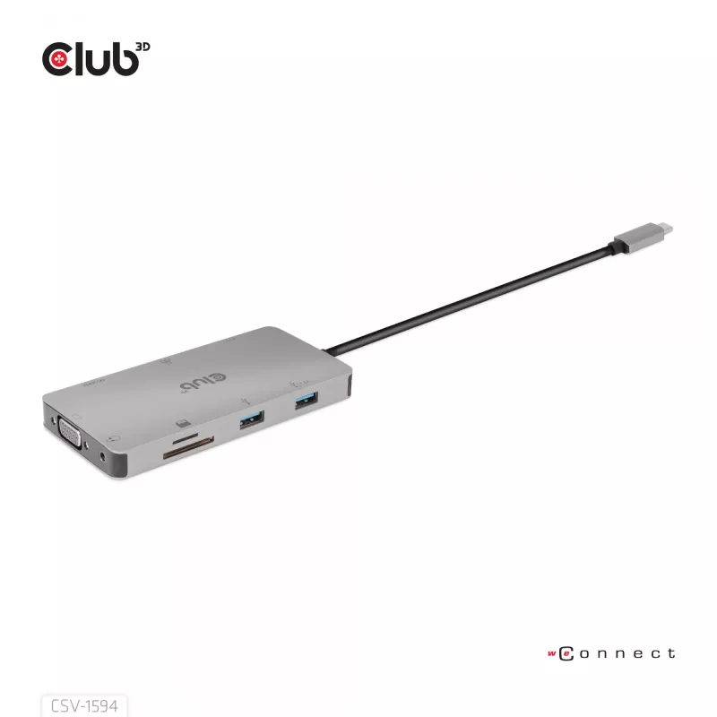 Hub USB Gen1 Type-C 9 en 1 CLUB3D con HDMI, VGA, 2x USB Gen1 Type-A, RJ45, ranuras para tarjetas SD/Micro SD y conector hembra USB Gen1 Type-C