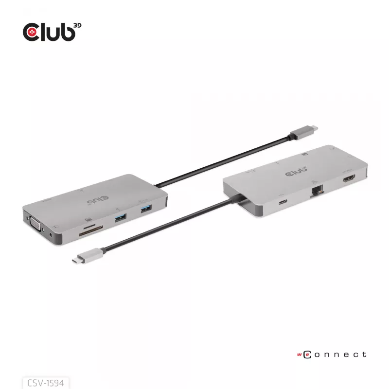 Hub USB Gen1 Type-C 9 en 1 CLUB3D con HDMI, VGA, 2x USB Gen1 Type-A, RJ45, ranuras para tarjetas SD/Micro SD y conector hembra USB Gen1 Type-C