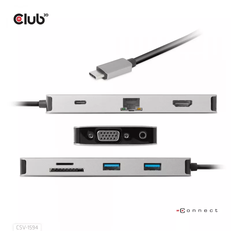 Hub USB Gen1 Type-C 9 en 1 CLUB3D con HDMI, VGA, 2x USB Gen1 Type-A, RJ45, ranuras para tarjetas SD/Micro SD y conector hembra USB Gen1 Type-C