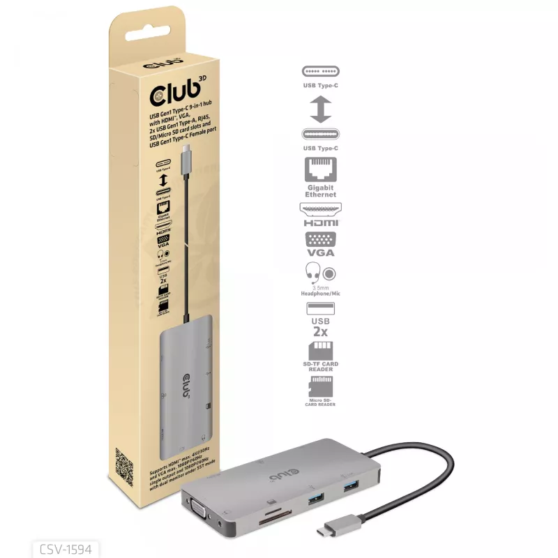 Hub USB Gen1 Type-C 9 en 1 CLUB3D con HDMI, VGA, 2x USB Gen1 Type-A, RJ45, ranuras para tarjetas SD/Micro SD y conector hembra USB Gen1 Type-C