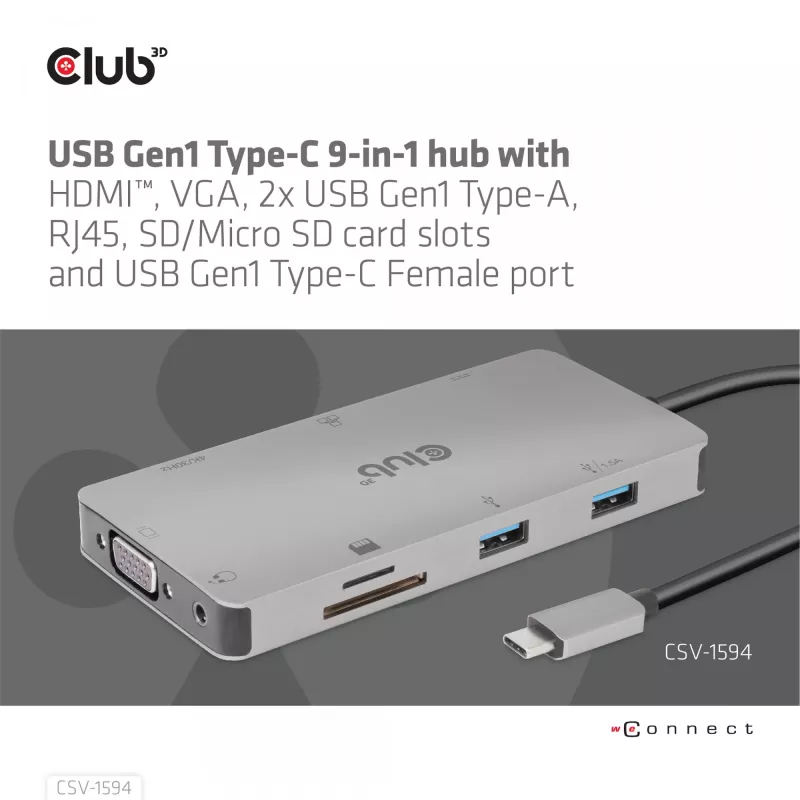 Hub USB Gen1 Type-C 9 en 1 CLUB3D con HDMI, VGA, 2x USB Gen1 Type-A, RJ45, ranuras para tarjetas SD/Micro SD y conector hembra USB Gen1 Type-C