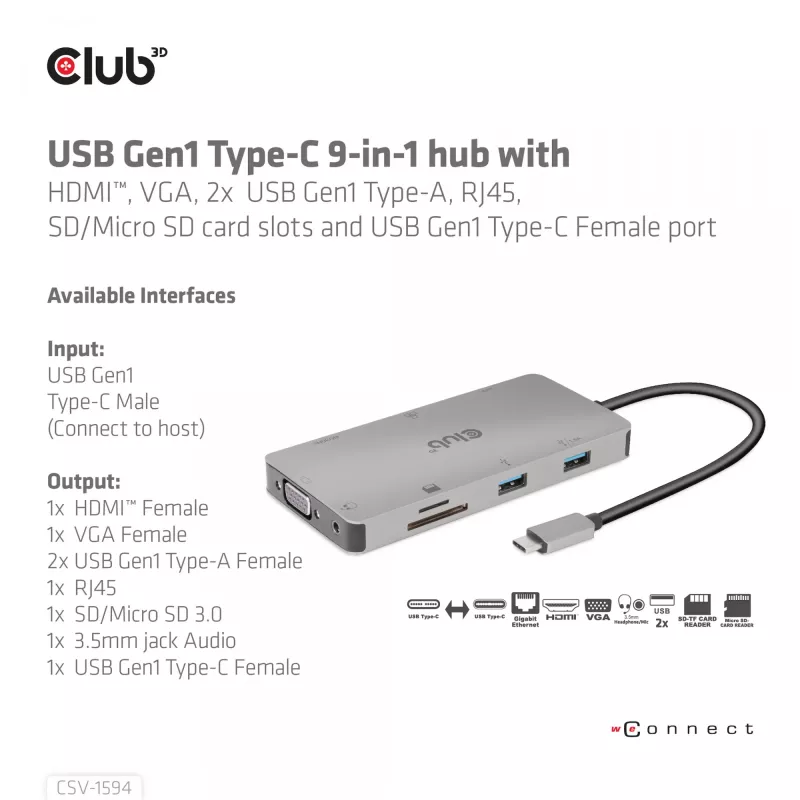 Hub USB Gen1 Type-C 9 en 1 CLUB3D con HDMI, VGA, 2x USB Gen1 Type-A, RJ45, ranuras para tarjetas SD/Micro SD y conector hembra USB Gen1 Type-C