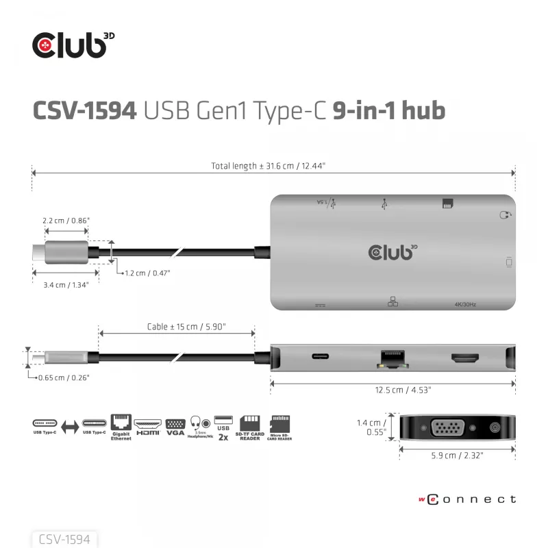 Hub USB Gen1 Type-C 9 en 1 CLUB3D con HDMI, VGA, 2x USB Gen1 Type-A, RJ45, ranuras para tarjetas SD/Micro SD y conector hembra USB Gen1 Type-C
