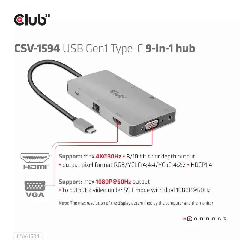 Hub USB Gen1 Type-C 9 en 1 CLUB3D con HDMI, VGA, 2x USB Gen1 Type-A, RJ45, ranuras para tarjetas SD/Micro SD y conector hembra USB Gen1 Type-C