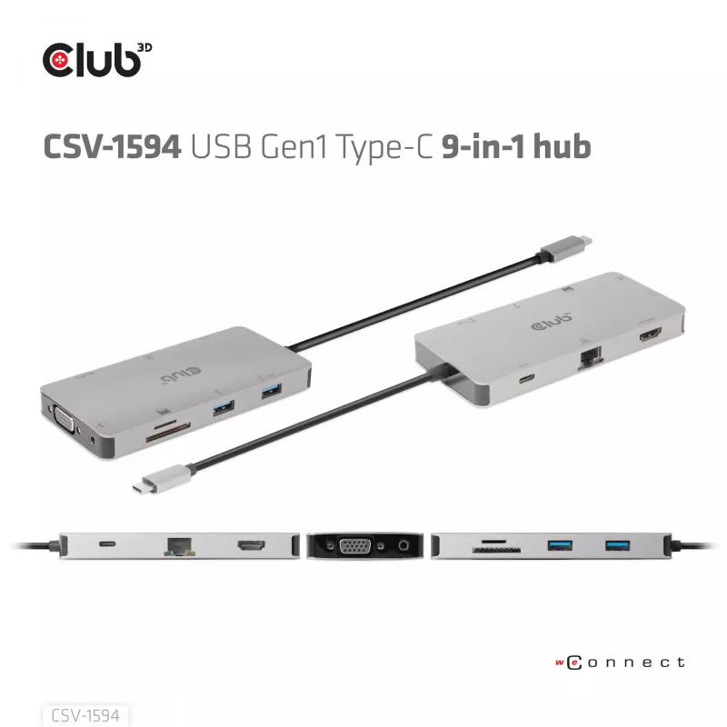 Hub USB Gen1 Type-C 9 en 1 CLUB3D con HDMI, VGA, 2x USB Gen1 Type-A, RJ45, ranuras para tarjetas SD/Micro SD y conector hembra USB Gen1 Type-C