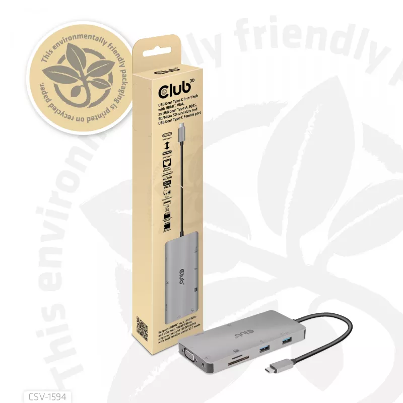Hub USB Gen1 Type-C 9 en 1 CLUB3D con HDMI, VGA, 2x USB Gen1 Type-A, RJ45, ranuras para tarjetas SD/Micro SD y conector hembra USB Gen1 Type-C