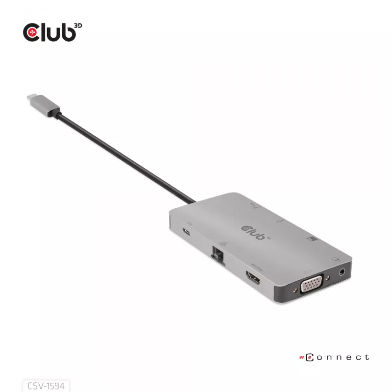 Hub USB Gen1 Type-C 9 en 1 CLUB3D con HDMI, VGA, 2x USB Gen1 Type-A, RJ45, ranuras para tarjetas SD/Micro SD y conector hembra USB Gen1 Type-C