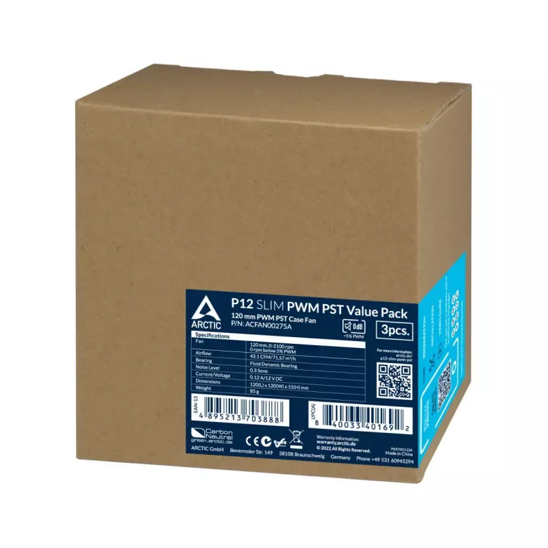 ARCTIC P12 Slim PWM PST ventilador de caja 120 mm, pack de 3, negro
