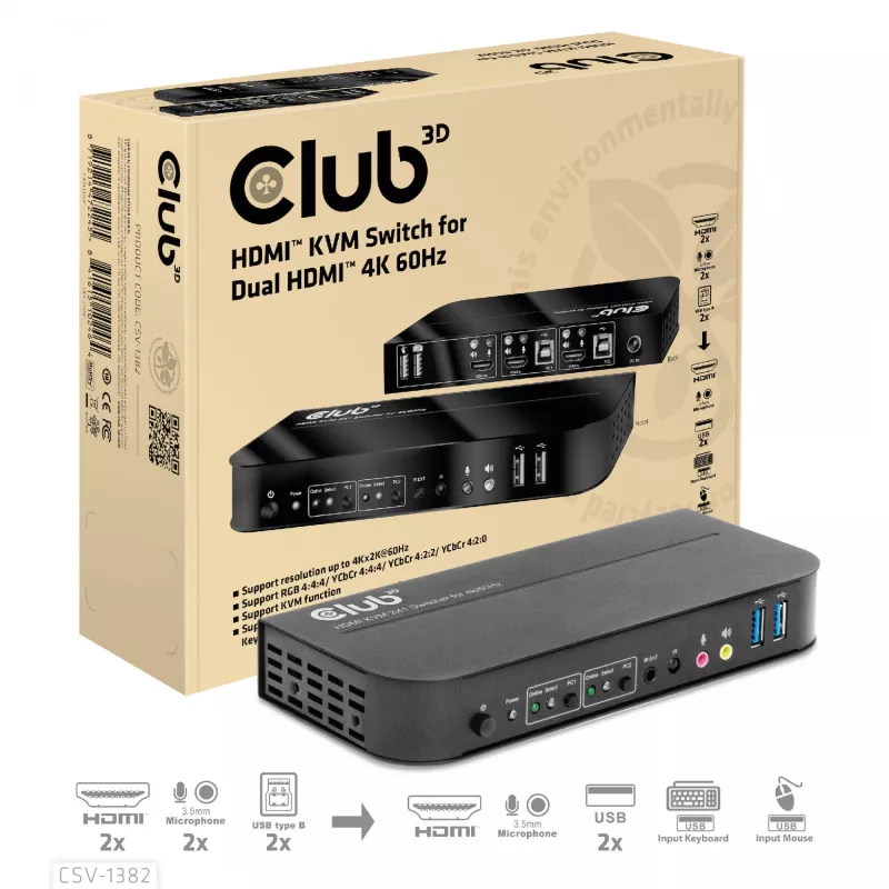 Conmutador KVM CLUB3D CSV-1382 Dual HDMI 4K 60Hz USB
